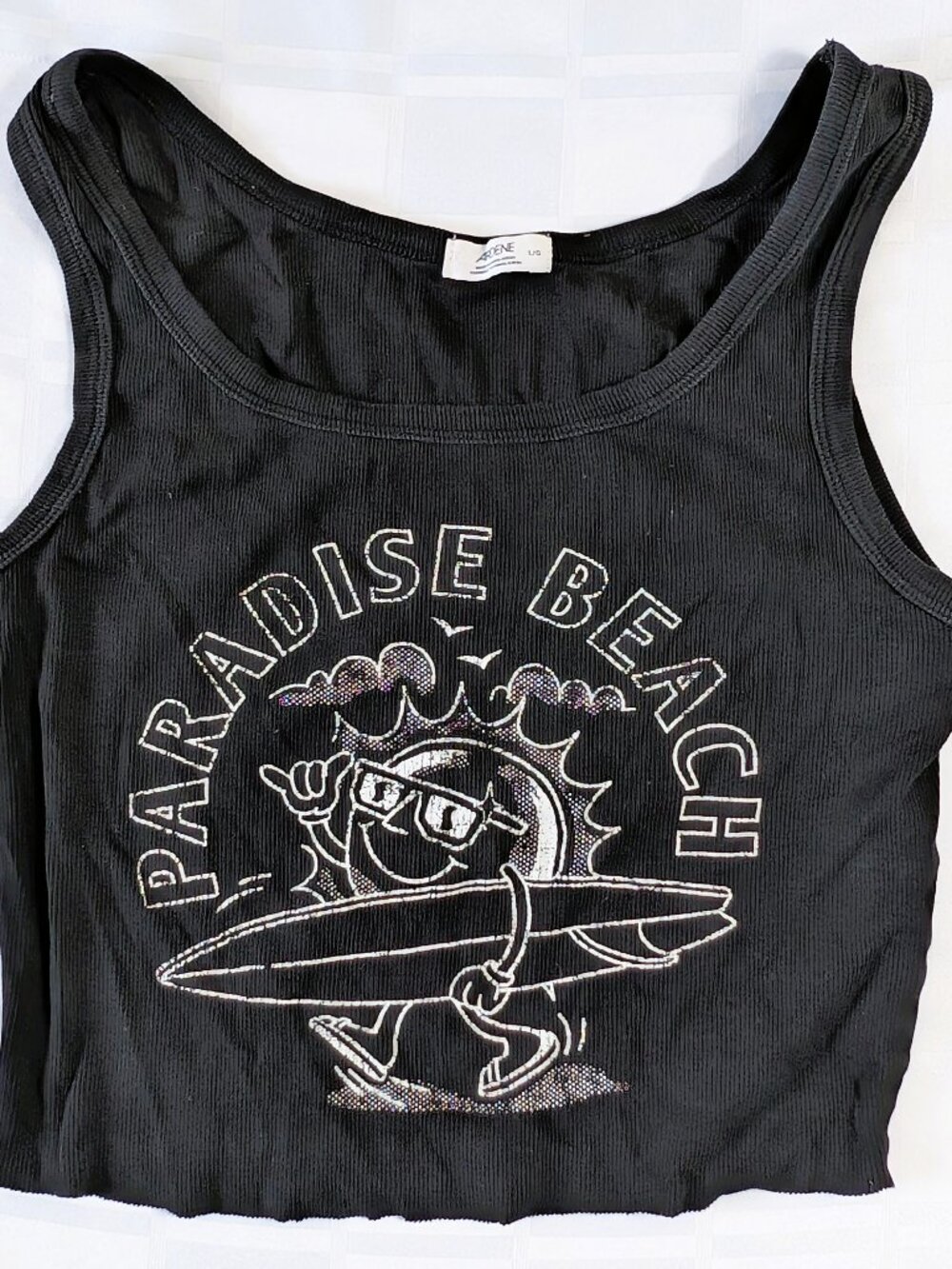 PARADISE BEACH TANK TOP BEACHWEAR BY ARDENE SIZE LARGE BLACK AND WHITE SURFING